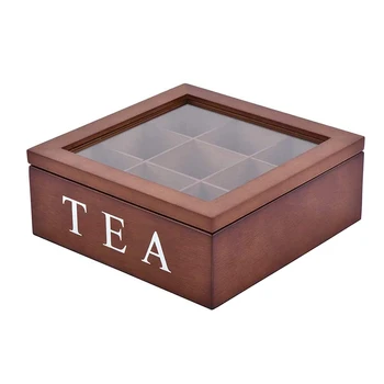 תיבת תה עם מכסה 9-תא קפה תה שקית אחסון בעל סוכר ארגונית עבור ארונות מטבח 23*23*9CM