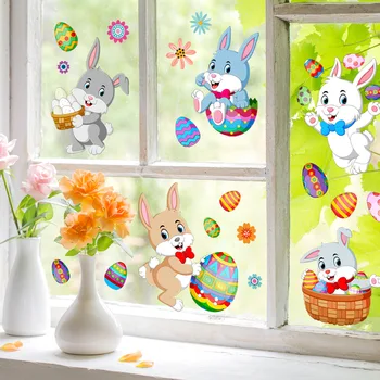 2pcs ארנב פסחא ביצים מצוירות קיר מדבקה חלון הסלון חדר קישוט קיר מדבקה הדבקה עצמית מצחיק חמוד קיר מדבקה