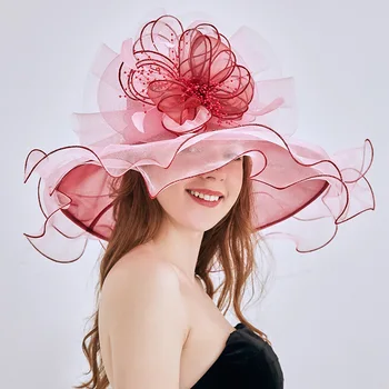 נשים קיץ כובע רחב שוליים אורגנזה חוף כובע פרח בנות Kenducky הכנסייה Fascinator כובעים אופנה חדשה שמש גדולה כובעים