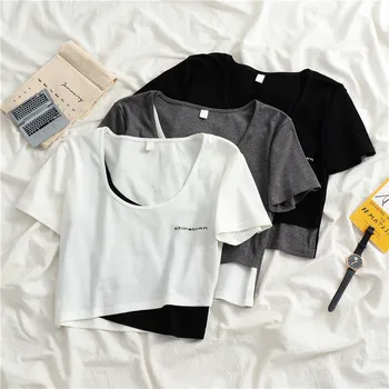 סגנון קוריאני מזויף שני חלקים-חולצה של נשים קצר סלים חריג שנועד מקסימום בקיץ מכתב הדפסה דק Tees אופנת רחוב