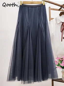 Qooth נשים פיות סימטרית רשת כדור שמלה חצאית אלגנטית גבוהה המותניים אמצע אורך חצאית טול לאביב קיץ QT2116