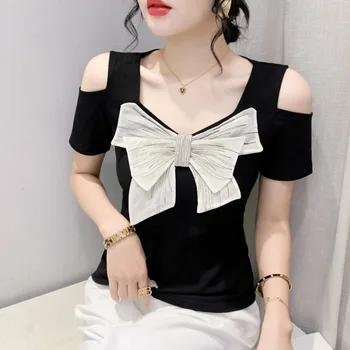 #6512 קיץ שחור לבן מחוץ כתף חולצת נשים V-neck קשת סקסי מועדון רזה חולצה נשית רזה בסגנון קוריאני כותנה אלסטי
