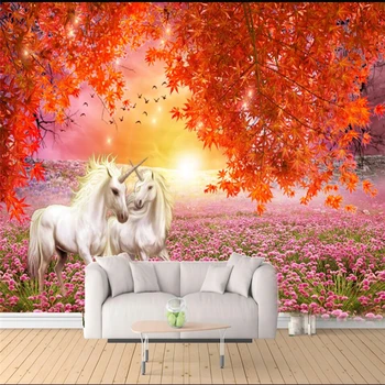 wellyu מייפל עלים אדום ולבן סוסים 3D טרי הטלוויזיה רקע מותאם אישית הקיר הגדול משי ירוק טפט הנייר דה parede