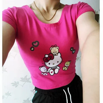Sanrio הלו קיטי גרפי חולצות קיץ חדשות המקורית Y2k העליון נשים בגדים גותיים רוז אדום Kawaii בגדים Pornhub גזורה