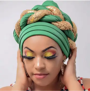 האופנה האחרונה Shinning פאייטים טורבן קאפ לנשים מוכן נקבה ראש עוטפת אפריקה אוטומטי Geles Headtie כבר עשה Headties