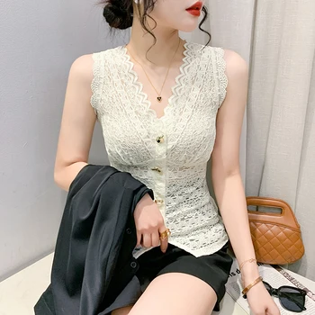 2023 הקיץ הקוריאני בגדי תחרה, גופיות אופנה סקסית חלול החוצה V-כפתור יהלומים נשים ללא שרוולים מזדמן Tees 32387
