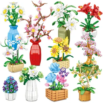 פרחים בלוק עם אגרטל/סיר DIY פעמוניות סאקורה אפרסק דייזי רוז בניין לבנים צעצוע עיצוב לילדים בנות