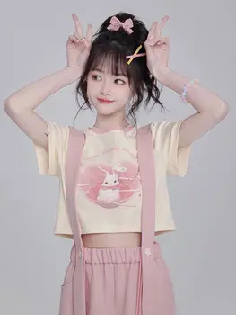 אופנה קוריאנית שרוך יבול מקסימום ארנב מודפס שרוול קצר חולצה Kawaii הקיץ אופנת רחוב רזה סקסית Tshirts נשים 2023