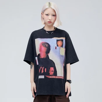 מנופחים מצוקה חולצות Y2K מקסימום נשים שטף פורטרט מודפס אופנת רחוב היפ הופ Harajuku חולצת שרוול קצר טי שחורה