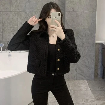 שחור קצוץ טוויד מעיל נשים אופנה קוריאנית אחת עם חזה דש המעיל אישה יוקרה אלגנטית עיצוב קצרים הלבשה עליונה