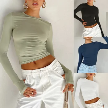 נשים העליון 2023 האביב החדש החולצה מקרית מוצק צוואר עגול בתחתית החולצה Slim Fit שרוול ארוך העליון בגדי נשים