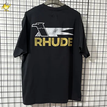 איכות גבוהה בציר RHUDE חולצת גברים אישה שחורה חופשי Crewneck חולצות טי מכתב נשר להדפיס את הלוגו כותנה קיץ, שרוול קצר