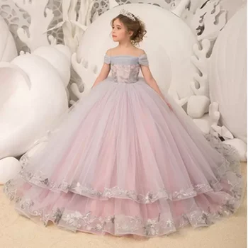 מקסים את הכתף פרח ילדה שמלות חתונה Appliqued קפלים פעוטות בנות תחרות היופי להתלבש הילדים לובשים רשמית נשף