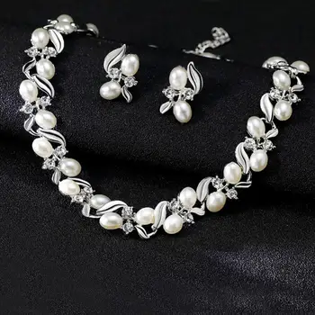 נשים אופנה חתונה סט תכשיטי שרשרת עגילי פנינה יהלומים מלאכותיים הכלה