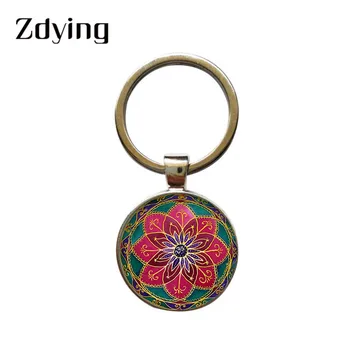 ZDYING הודו יוגה מנדלה פרח מחזיק מפתחות הבודהיזם צ ' אקרת דפוס מחזיק מפתחות מחזיק מפתחות שרשרת זכוכית קבושון חינה תכשיטים HM007