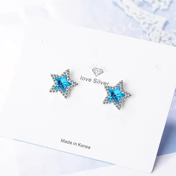 אופנה כחול קריסטל כוכב 925 כסף מחט עגילים לנשים קטנות כוכב מחומש חתיכים עגיל מחומש תכשיטים