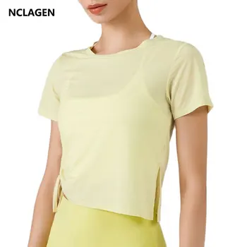NCLAGEN נשים ספורט חולצה שרוול קצר צוואר עגול כושר הקיץ פועל העליון משוחרר רשת לנשימה מהירה יבש כושר יוגה החולצה