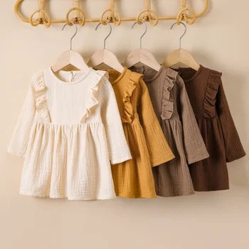 אמא&תינוק 1-5Y פעוט ילד בייבי בנות שמלת שרוול ארוך קפלים כפתור שמלות ילדה סתיו האביב ילד בגדי תחפושות D35