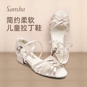 Sansha בנות סאטן הלטינית נעלי Non-להחליק זמש הבלעדי עקבים נמוכים לבן ריקודים סלוניים נעליים לאימון ביצועים BK130090S