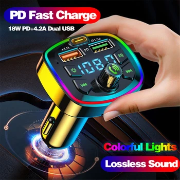 רכב Bluetooth 5.0 משדר FM משטרת 18W סוג C-Dual USB 4.2 מטען מהיר LED Backlit האווירה אור נגן MP3 Lossless מוסיקה