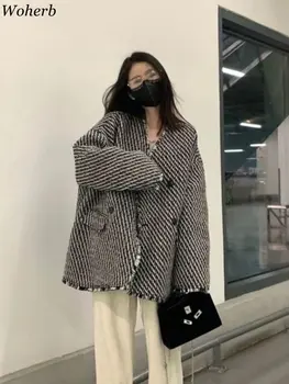 Woherb אופנה זברה פסים מעילי נשים קוריאני חופשי מזדמן להאריך ימים יותר 2023 בציר מקסימום טמפרמנט מעיל Chaquetas פארא Mujer