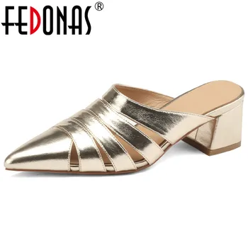 FEDONAS נשים סנדלים חדשים ההגעה חלול עור אמיתי פרדות אופנה נקודת הבוהן עקבים עבים נעלי בית נעלי אישה אביב קיץ